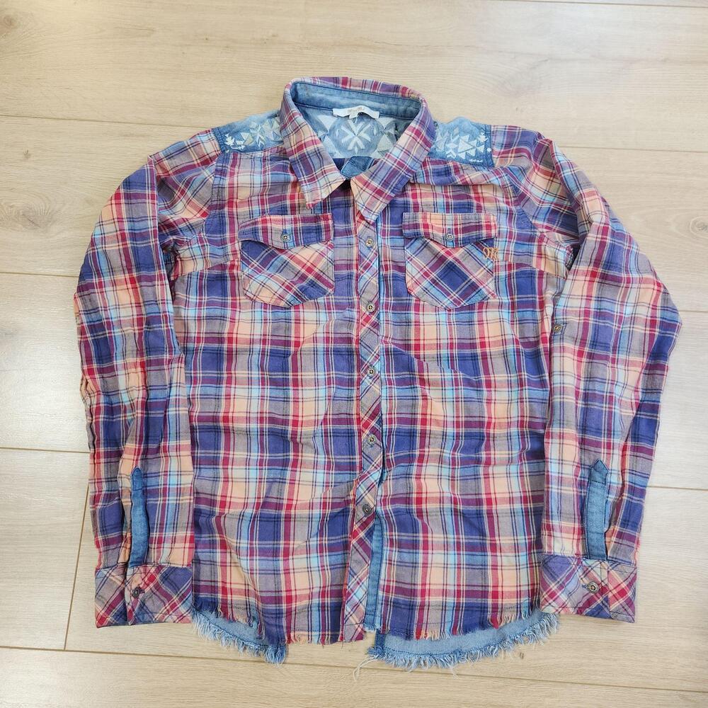 Miss Me Shirt Womens Large Blue Plaid Denim Fringe Hem Button Up Western Tunic